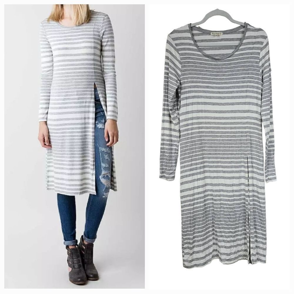 Love on a Hanger M/L Grey Striped Maxi Top Long Side Slit Tunic Casual Tee Shirt